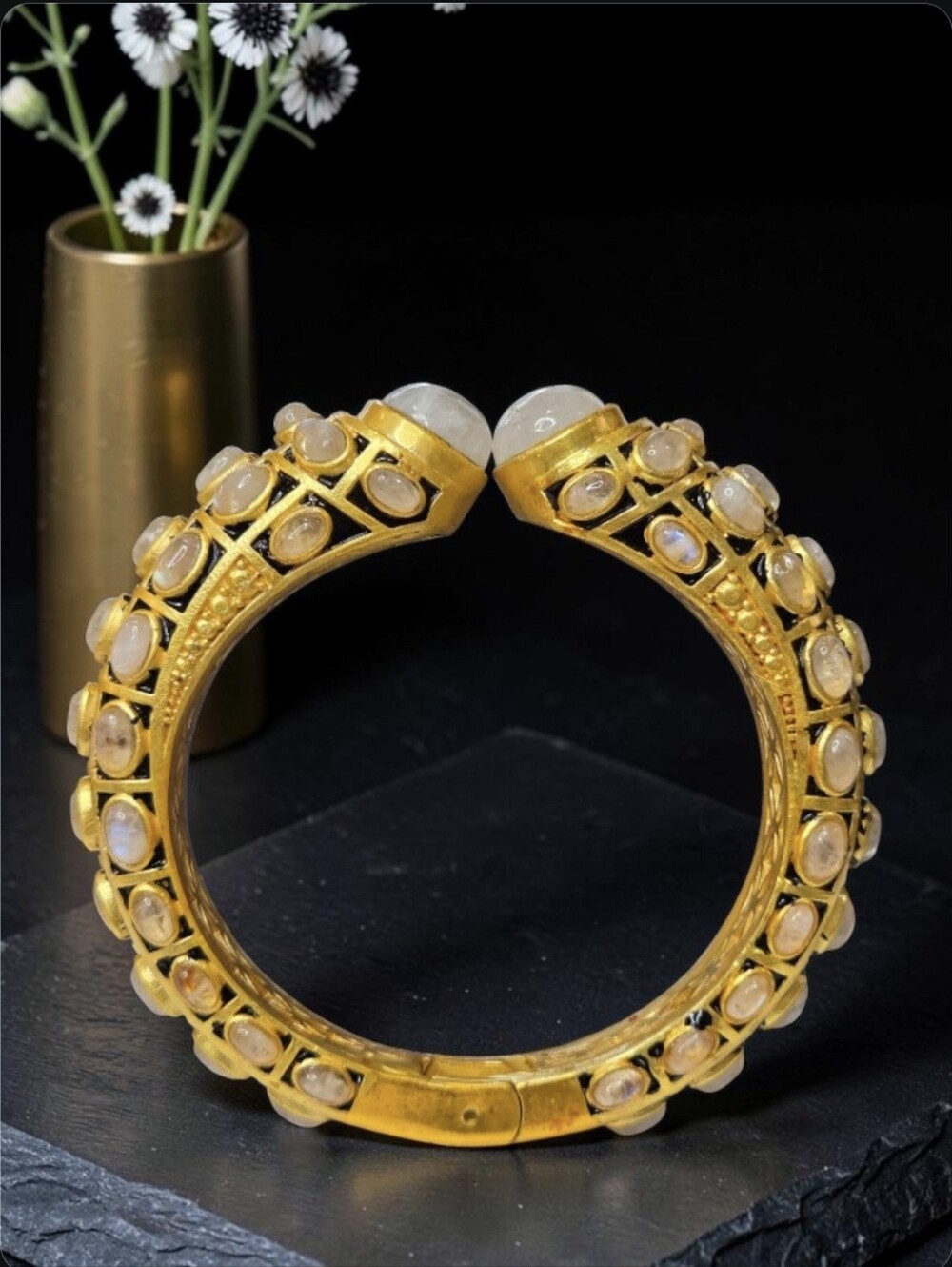 24k Gold Plated Artisan Flash Moonstone Onyx Enamel Oversized Clamper Bracelet